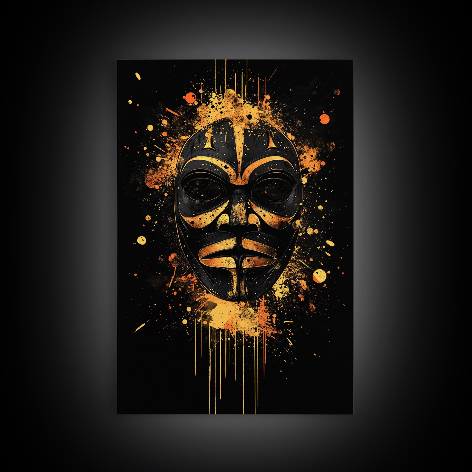 Nordic Warrior Mask Gold Canvas Print, Viking Art, Norse Wall Decor, Bold Splatter Artwork, Real Wood Frame, Mythology Design