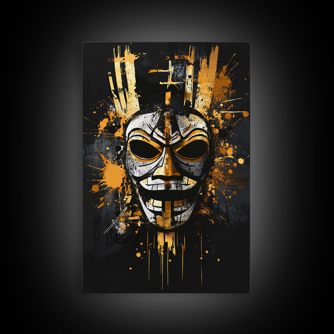 Tribal Warrior Mask Gold Canvas Print, Fierce Mask Art, Bold Wall Decor, Real Wood Frame, Dramatic Splatter Effect Artwork