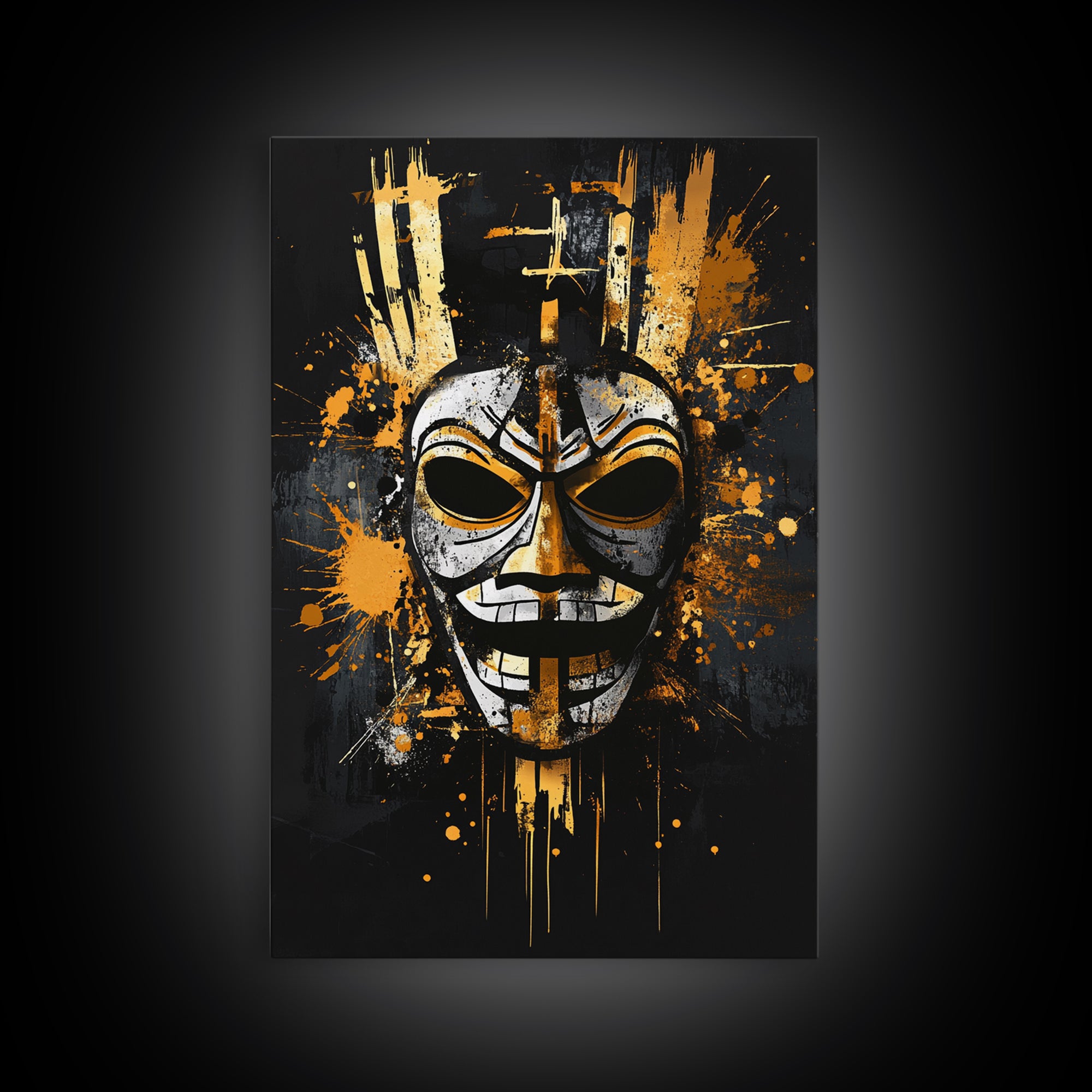 Tribal Warrior Mask Gold Canvas Print, Fierce Mask Art, Bold Wall Decor, Real Wood Frame, Dramatic Splatter Effect Artwork