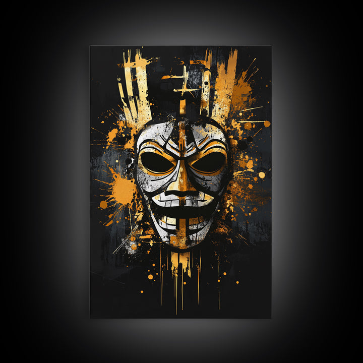 Tribal Warrior Mask Gold Canvas Print, Fierce Mask Art, Bold Wall Decor, Real Wood Frame, Dramatic Splatter Effect Artwork