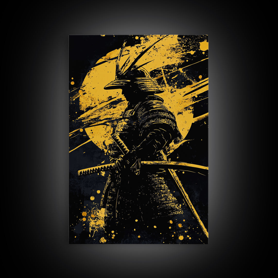 Samurai Warrior Gold Canvas Print, Japanese Art, Martial Wall Decor, Bushido Inspired Artwork, Real Wood Frame, Bold Statement Piece
