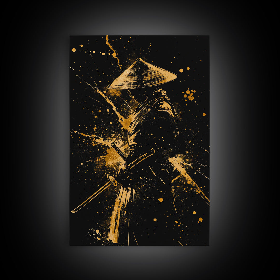 Ronin Samurai Gold Canvas Print, Japanese Warrior Art, Epic Splatter Decor, Real Wood Frame, Fierce Bushido Inspired Wall Artwork