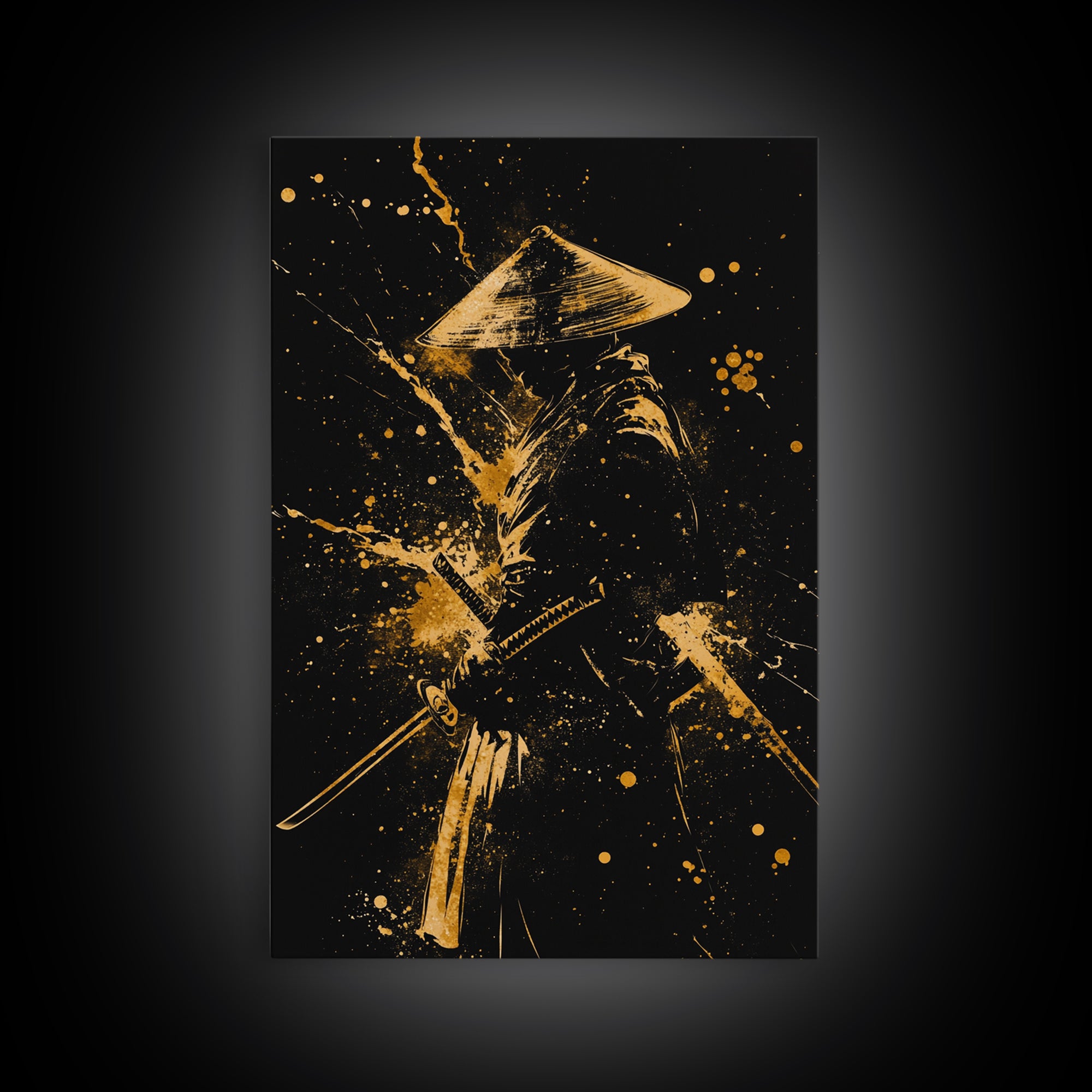 Ronin Samurai Gold Canvas Print, Japanese Warrior Art, Epic Splatter Decor, Real Wood Frame, Fierce Bushido Inspired Wall Artwork