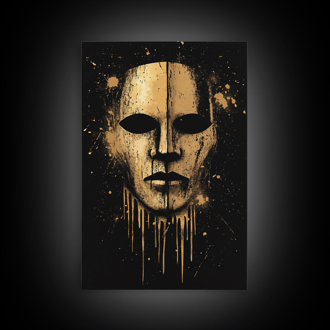 Ancient Warrior Mask Gold Canvas Print, Bold Tribal Decor, Striking Wall Art, Real Wood Frame, Splatter Effect Modern Artwork