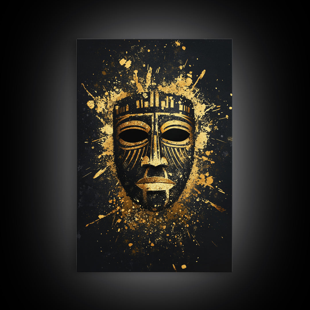 Mystical Tribal Mask Gold Canvas Print, Abstract Wall Art, Bold Statement Decor, Real Wood Frame, Unique Splatter Inspired Artwork