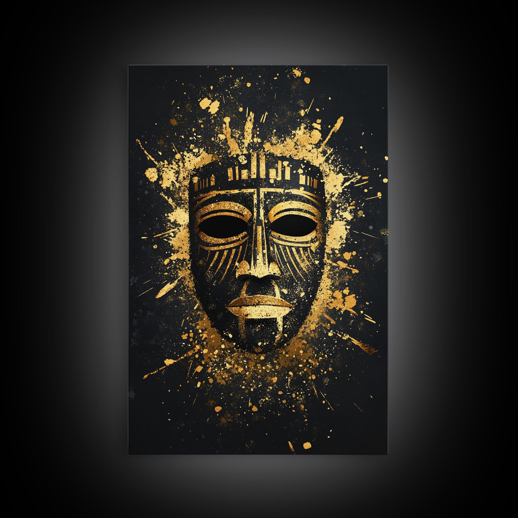 Mystical Tribal Mask Gold Canvas Print, Abstract Wall Art, Bold Statement Decor, Real Wood Frame, Unique Splatter Inspired Artwork