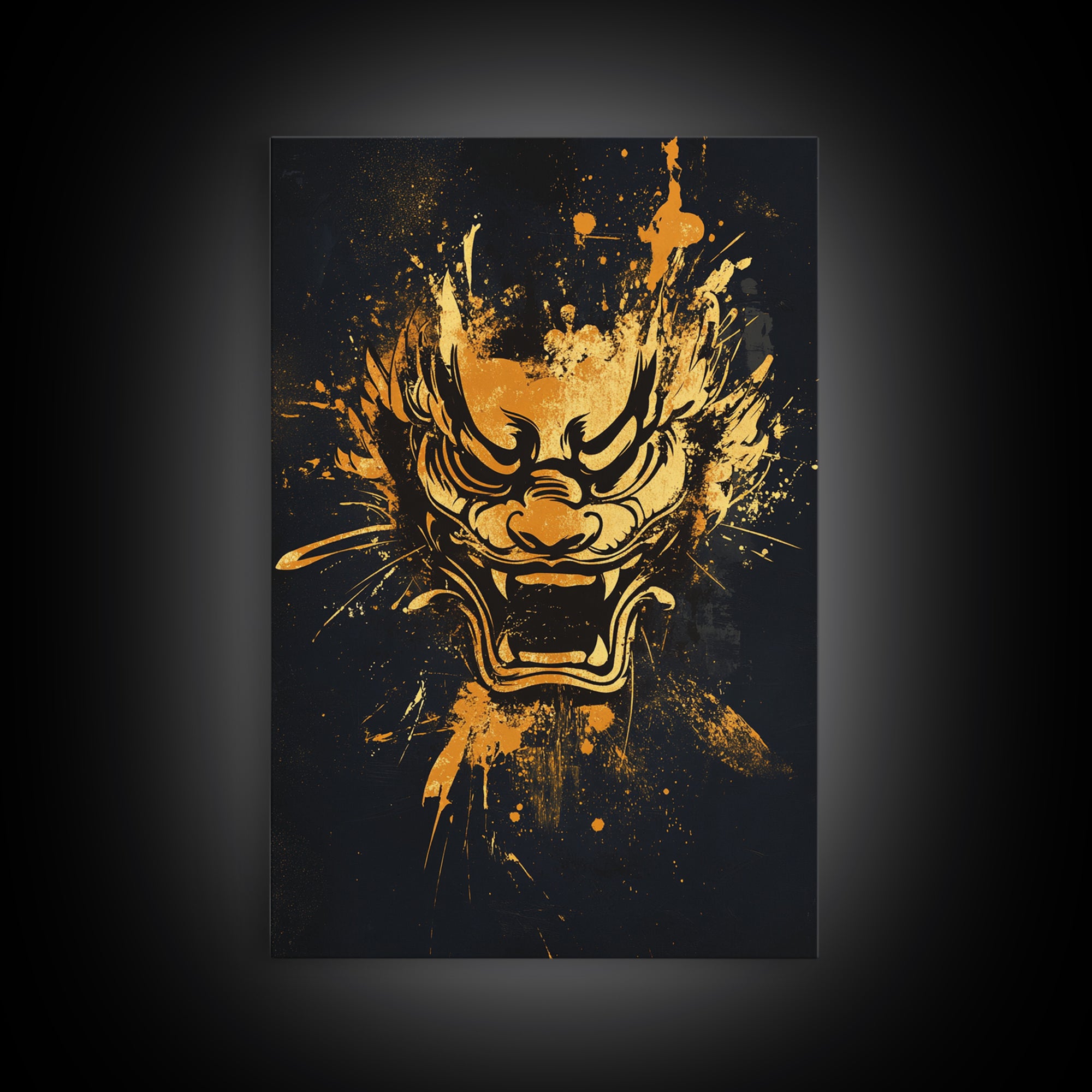 Mythical Dragon Face Gold Canvas Print, Asian Inspired Art, Fierce Wall Decor, Real Wood Frame, Splatter Style Statement Artwork