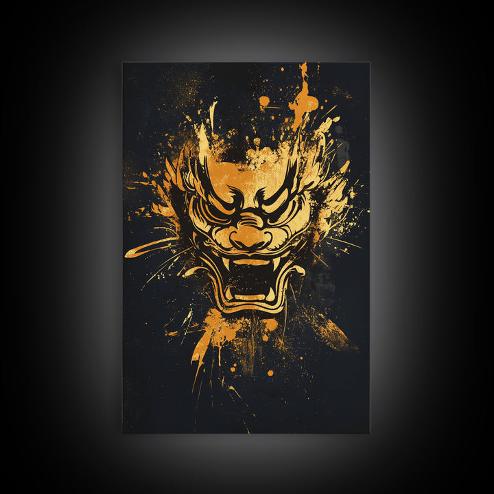 Mythical Dragon Face Gold Canvas Print, Asian Inspired Art, Fierce Wall Decor, Real Wood Frame, Splatter Style Statement Artwork