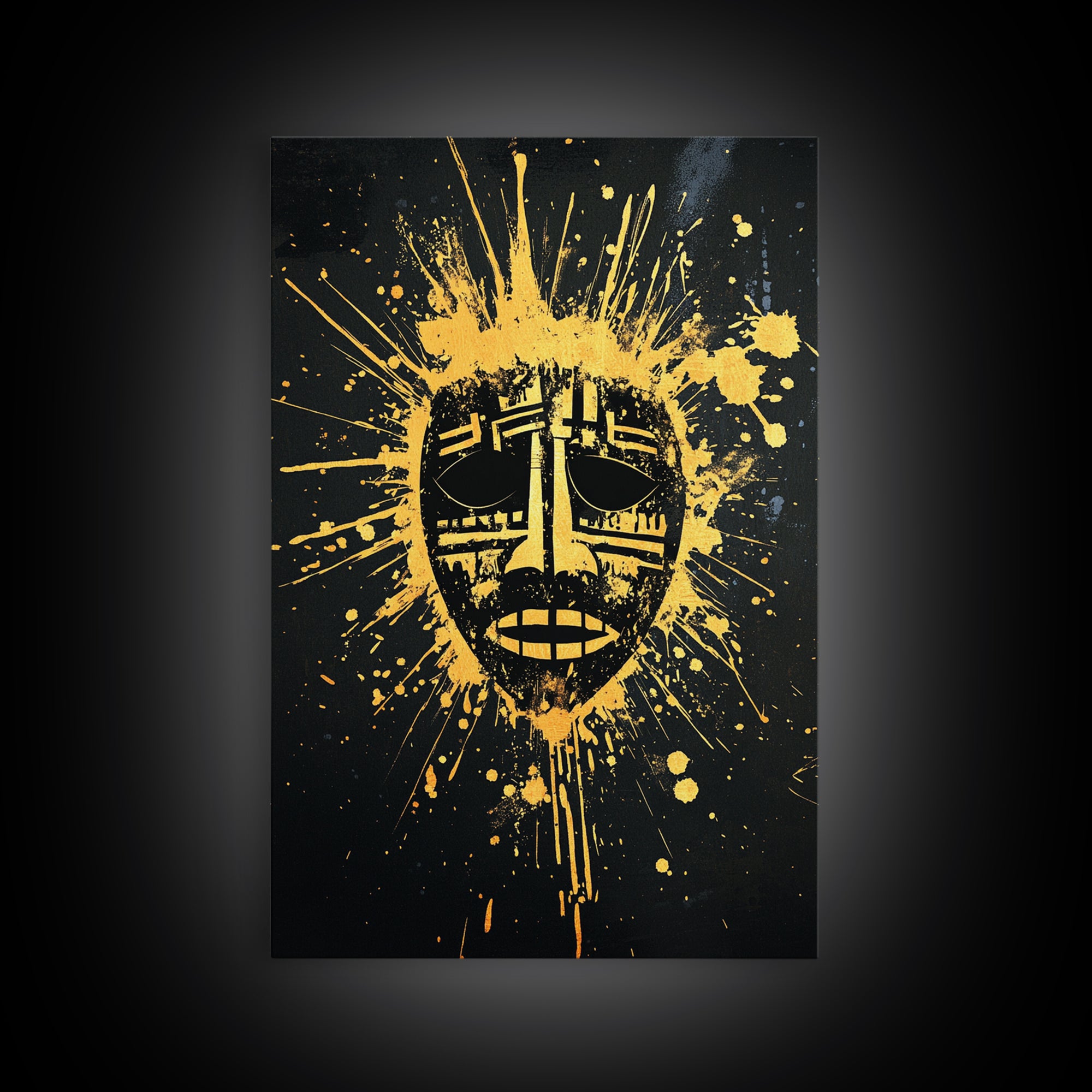 Tribal Mask Gold Canvas Print, Ethnic Wall Art, Real Wood Frame, Splatter Abstract Face Decor, Modern Tribal Home Accent