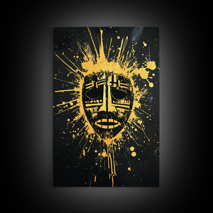Tribal Mask Gold Canvas Print, Ethnic Wall Art, Real Wood Frame, Splatter Abstract Face Decor, Modern Tribal Home Accent