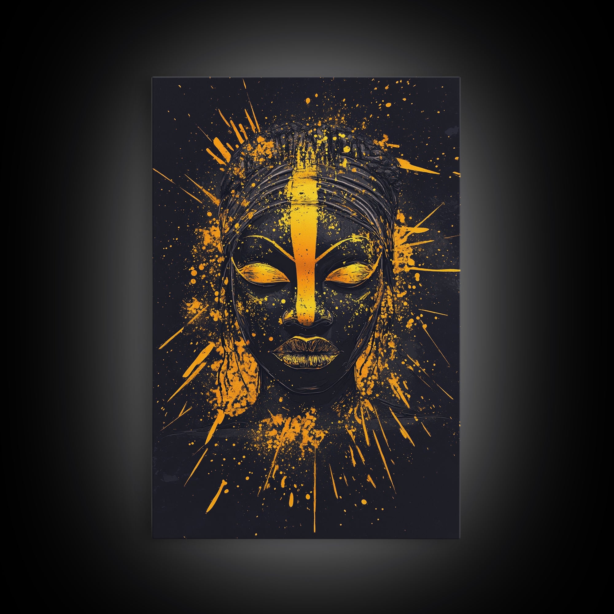African Goddess Gold Canvas Print, Ethnic Wall Art, Real Wood Frame, Splatter Portrait Art, Bold Tribal Modern Decor
