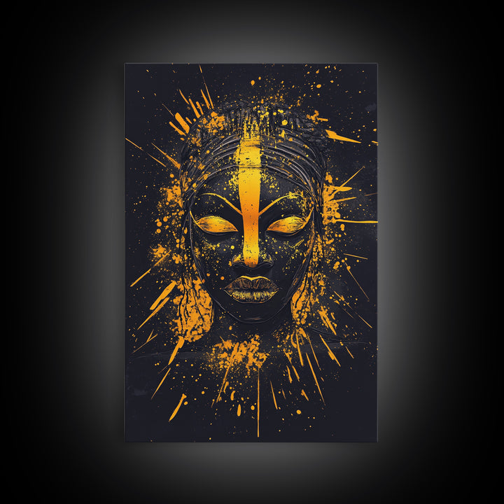 African Goddess Gold Canvas Print, Ethnic Wall Art, Real Wood Frame, Splatter Portrait Art, Bold Tribal Modern Decor