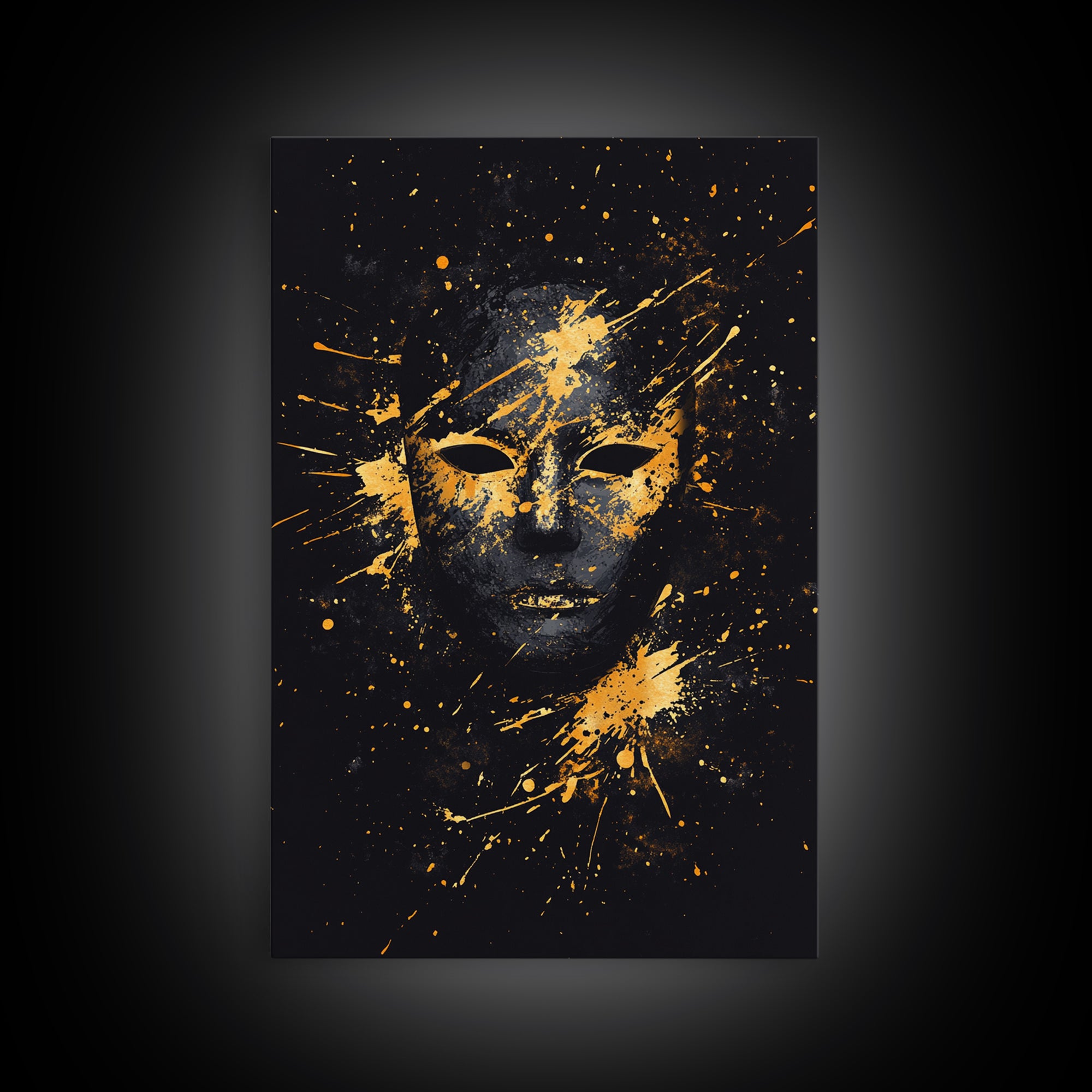 Mystical Face Gold Canvas Print, Tribal Mask Art, Real Wood Frame, Splatter Abstract Decor, Cultural Ethnic Wall Accent