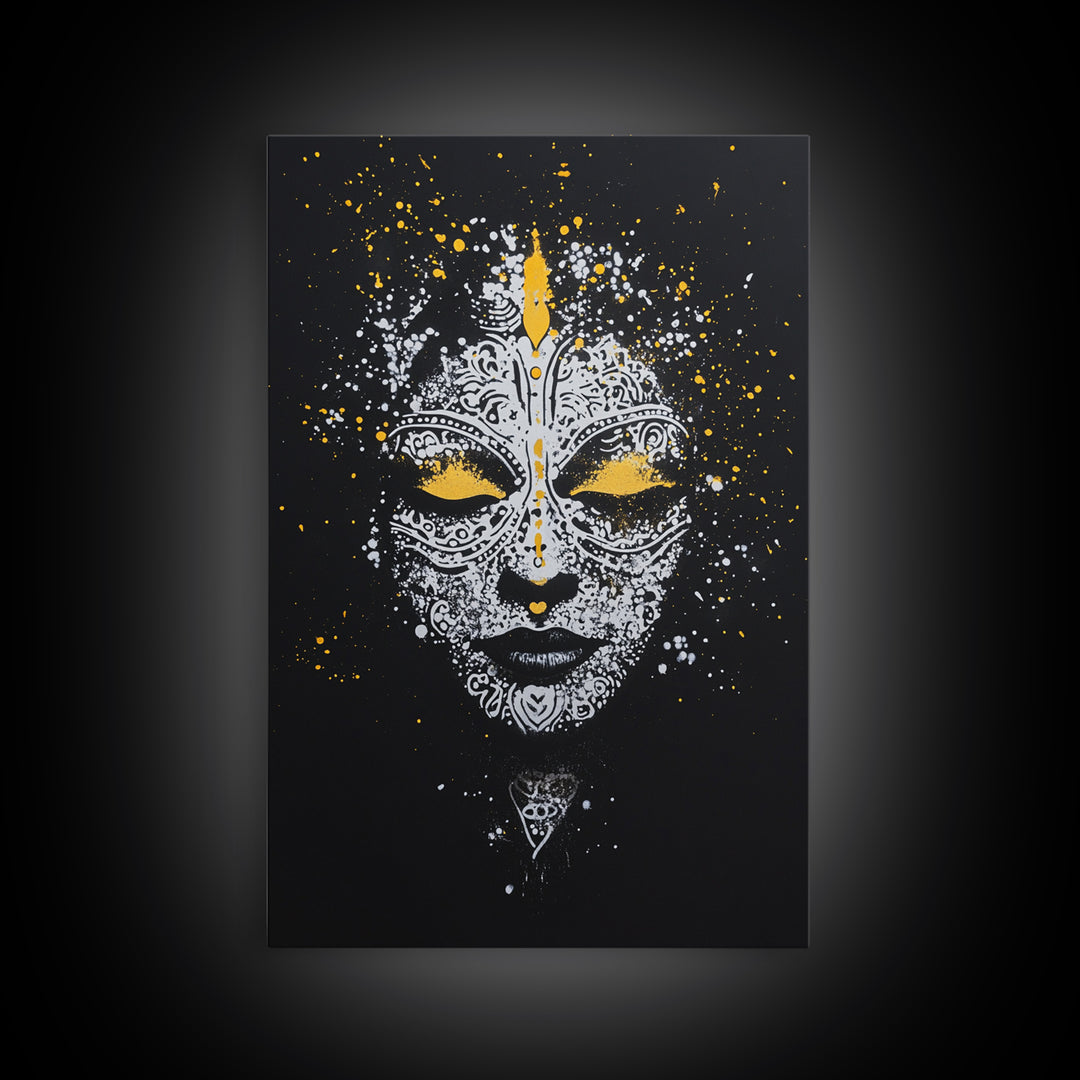 Demon Mask Gold Canvas Print, Tribal Wall Art, Real Wood Frame, Mythical Splatter Art, Cultural Home Decor Accent