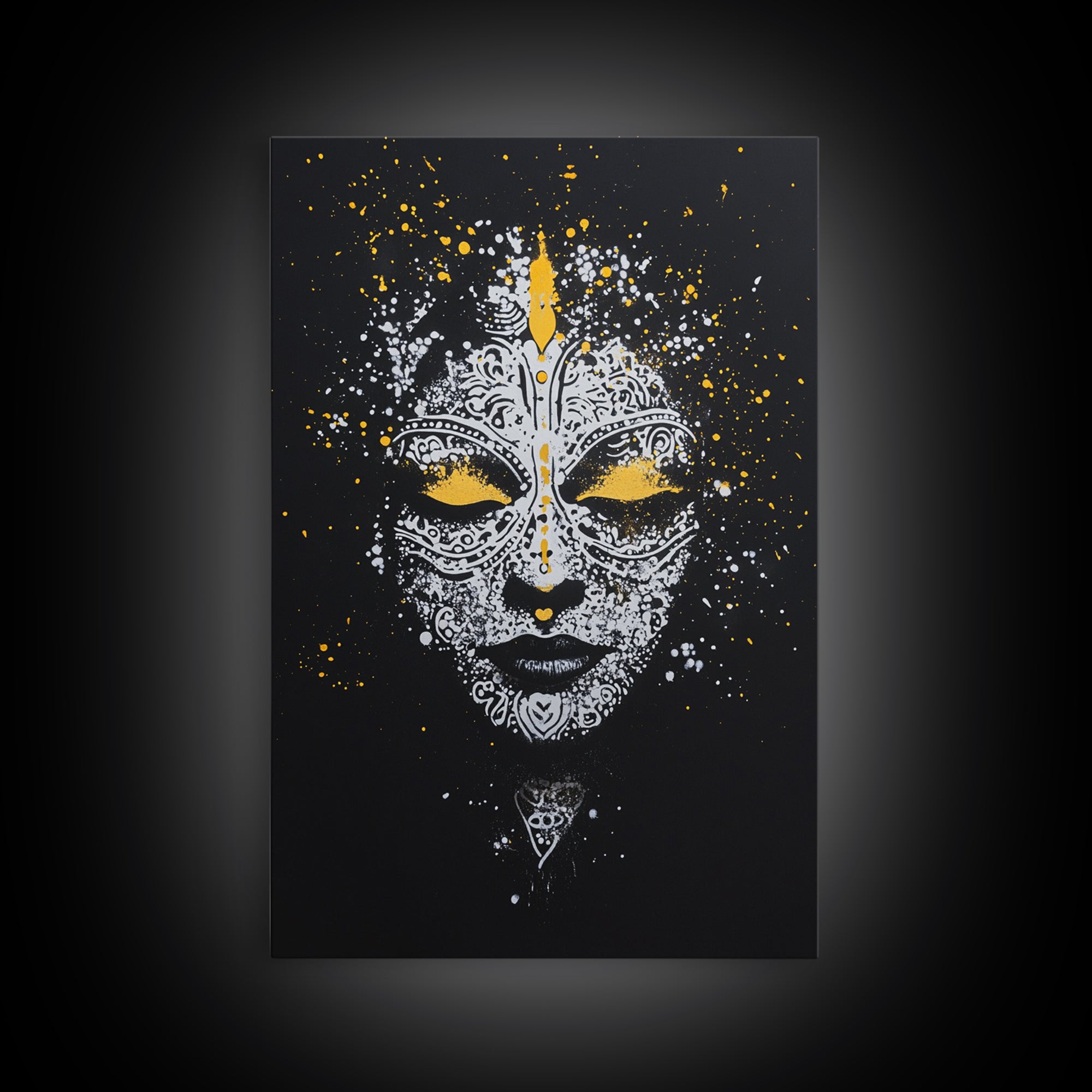 Demon Mask Gold Canvas Print, Tribal Wall Art, Real Wood Frame, Mythical Splatter Art, Cultural Home Decor Accent