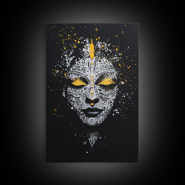 Demon Mask Gold Canvas Print, Tribal Wall Art, Real Wood Frame, Mythical Splatter Art, Cultural Home Decor Accent