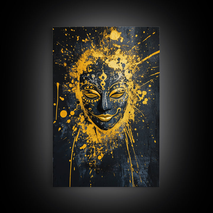 Sacred Mask Gold Canvas Print, Ethnic Wall Art, Real Wood Frame, Mystical Splatter Portrait, Tribal Inspired Home Decor