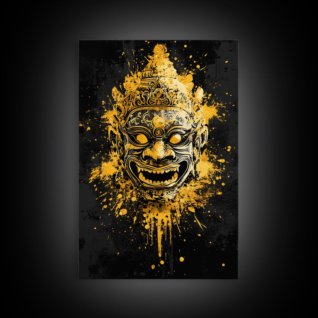 Ornamental Face Gold Canvas Print, Tribal Mask Wall Art, Real Wood Frame, Ethnic Splatter Decor, Cultural Portrait Artwork