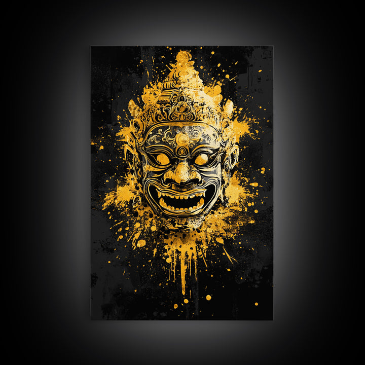 Ornamental Face Gold Canvas Print, Tribal Mask Wall Art, Real Wood Frame, Ethnic Splatter Decor, Cultural Portrait Artwork