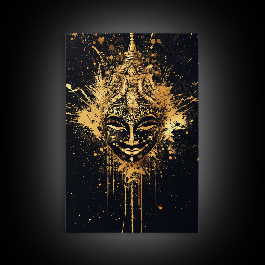 Decorative Mask Gold Canvas Print, Tribal Wall Art, Real Wood Frame, Splatter Abstract Portrait, Ethnic Cultural Accent