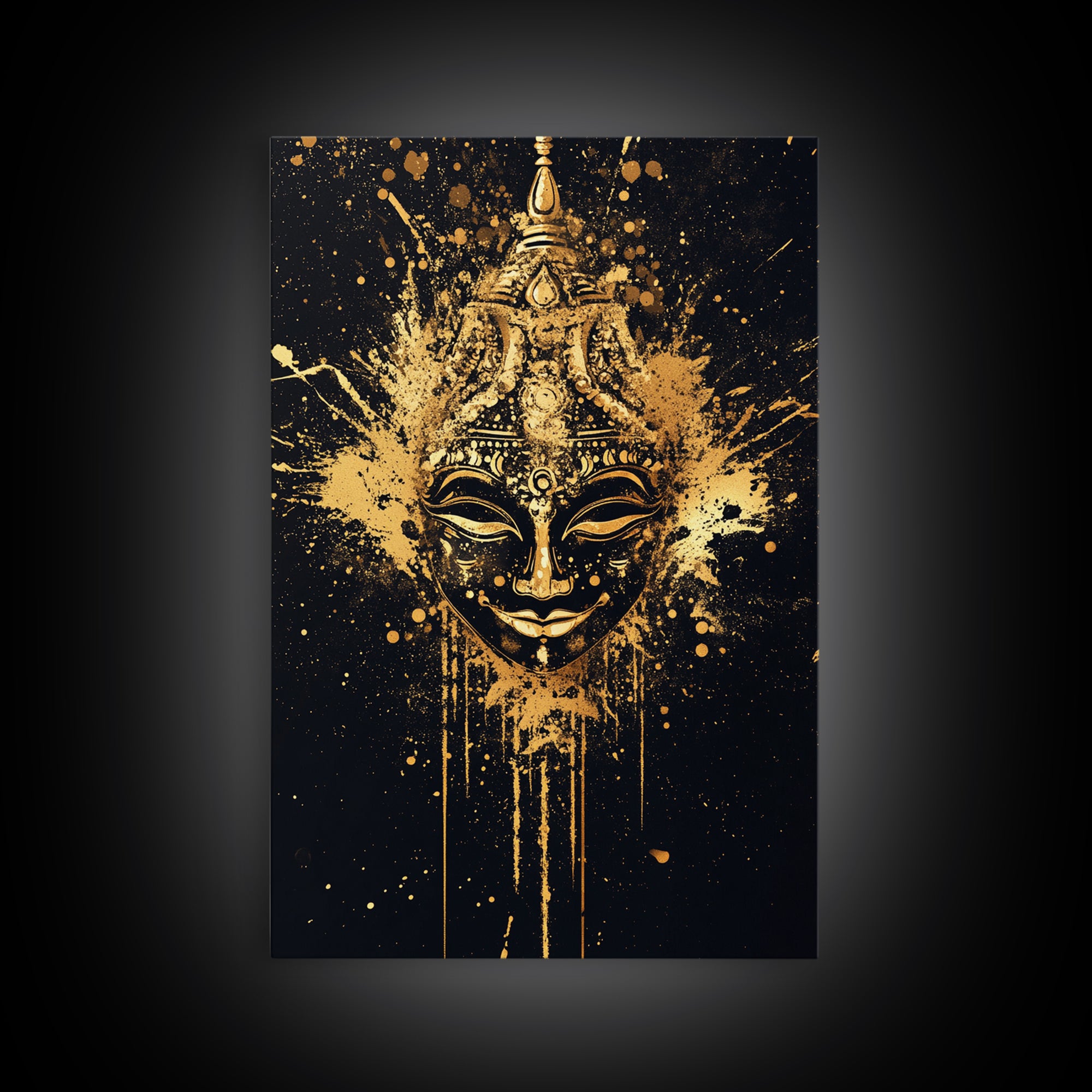 Decorative Mask Gold Canvas Print, Tribal Wall Art, Real Wood Frame, Splatter Abstract Portrait, Ethnic Cultural Accent