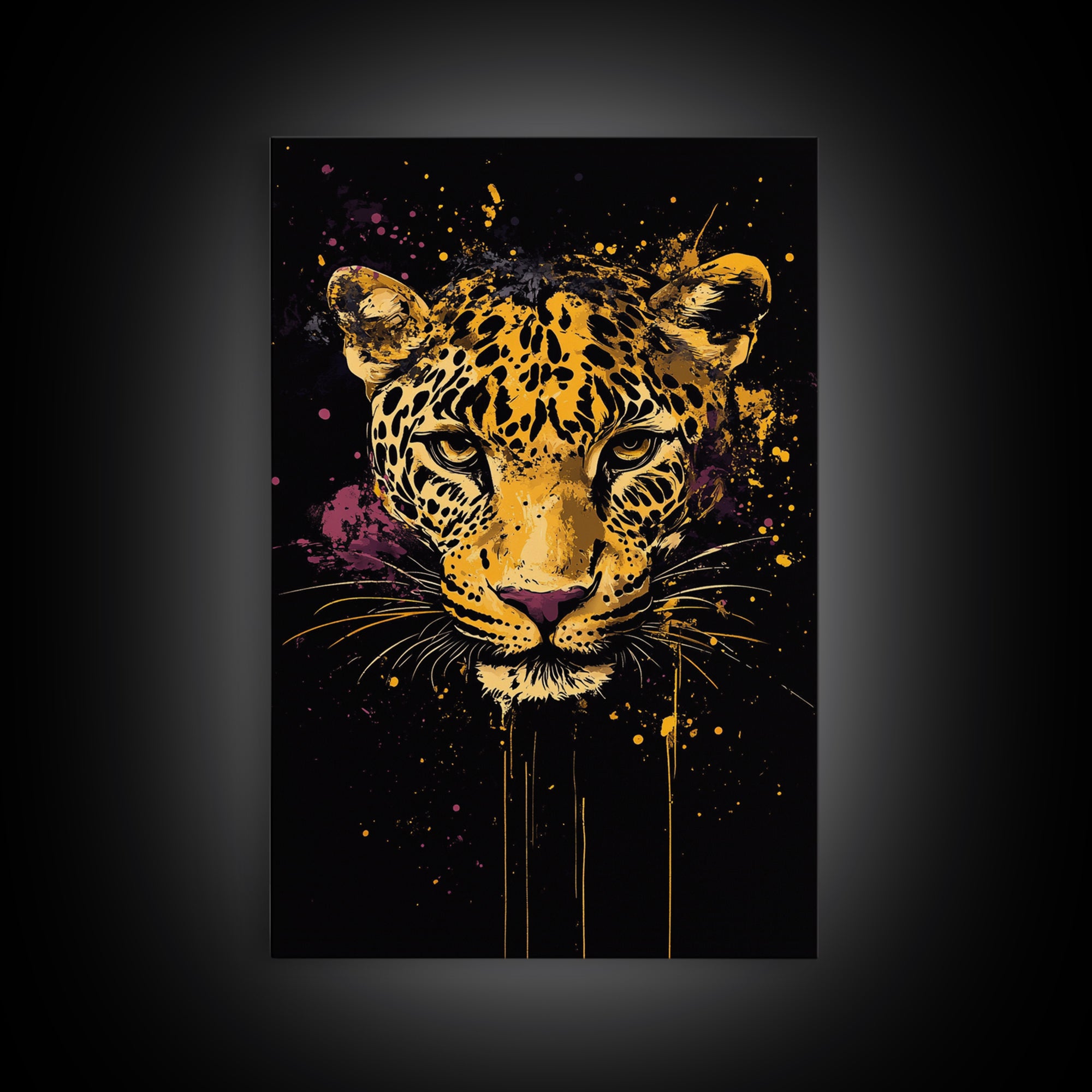 Leopard Portrait Gold Canvas Print, Tribal Animal Art, Real Wood Frame, Splatter Wildlife Decor, Bold Exotic Jungle Artwork