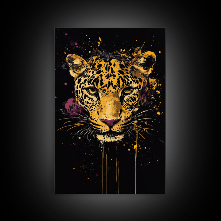 Leopard Portrait Gold Canvas Print, Tribal Animal Art, Real Wood Frame, Splatter Wildlife Decor, Bold Exotic Jungle Artwork
