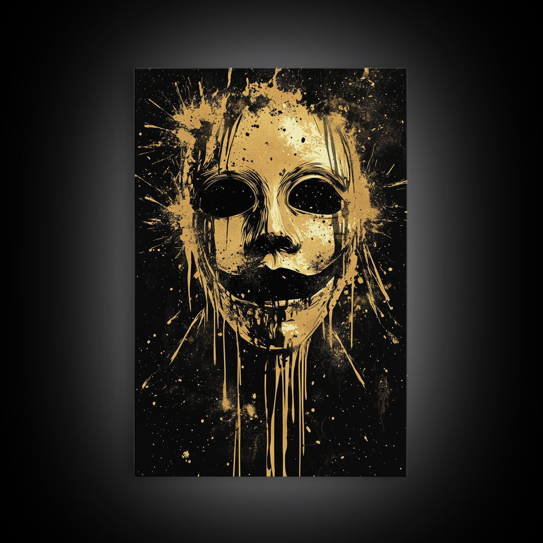 Tribal Mask Splatter Art, Gold Canvas Print, Abstract Ethnic Wall Decor, Real Wood Frame, Modern Warrior Artwork