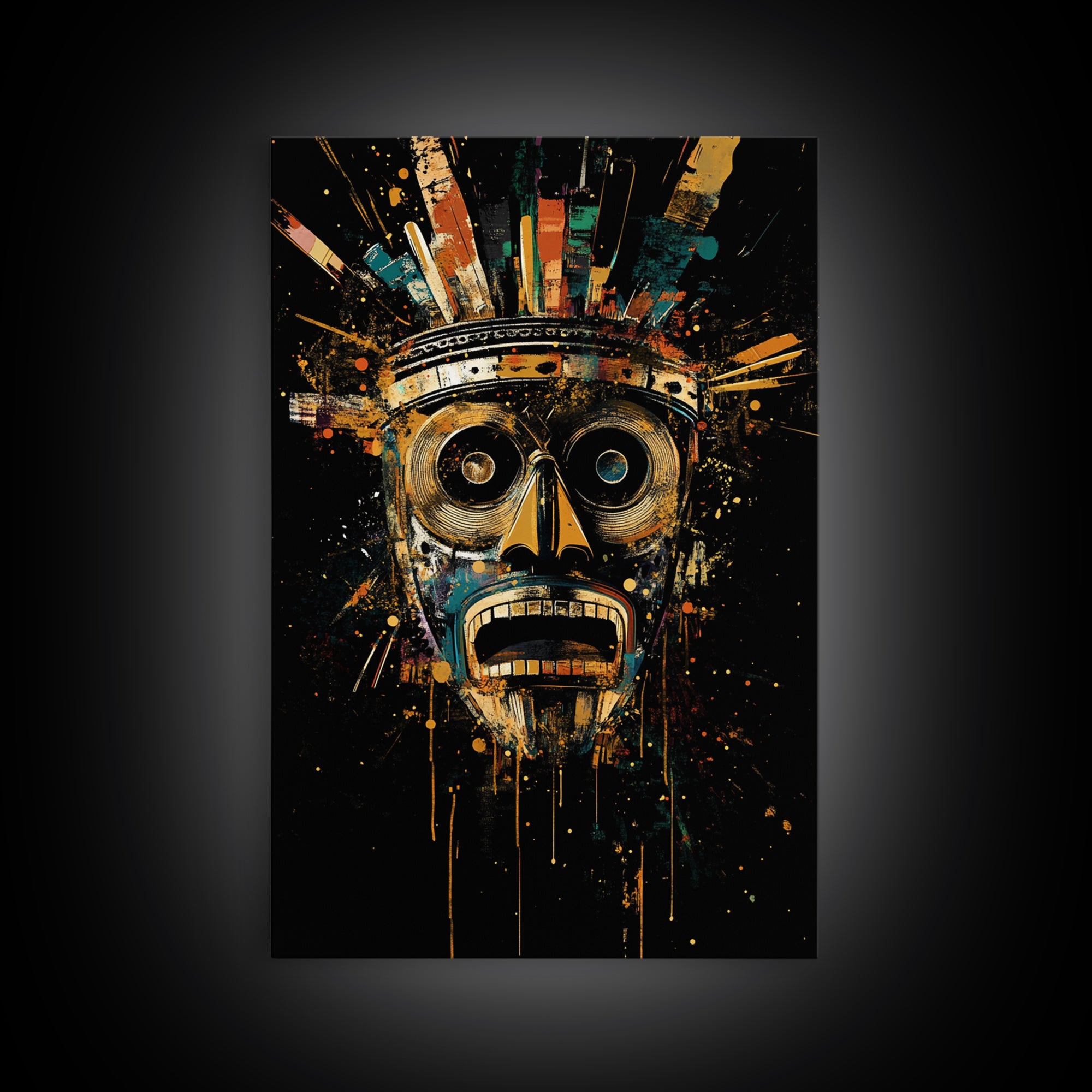 Abstract Splatter Mask Face, Gold Canvas Print, Modern Tribal Wall Art, Real Wood Frame, Contemporary Statement Decor