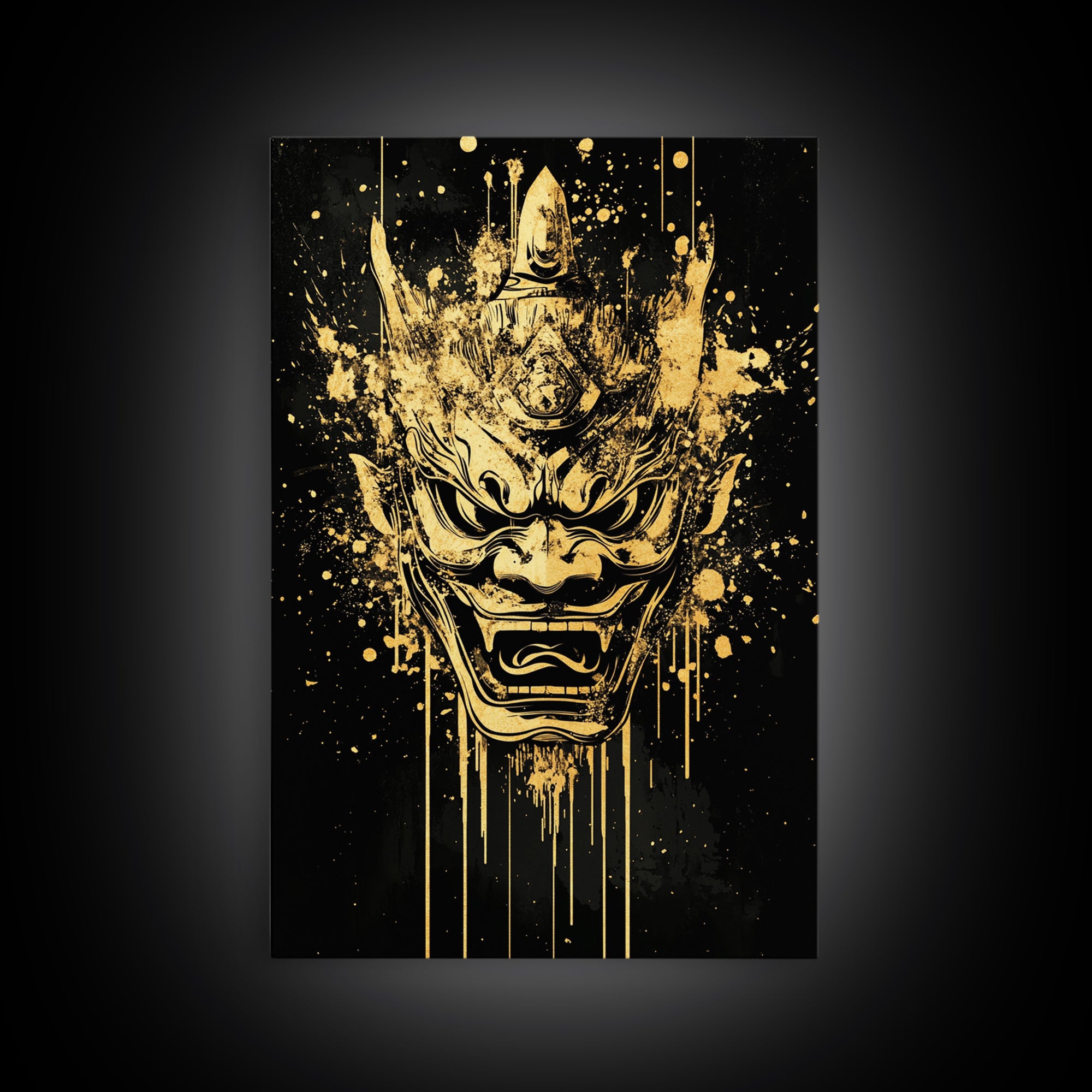 Mythical Demon Splatter Mask, Gold Canvas Print, Bold Wall Art, Real Wood Frame, Fierce Cultural Decor