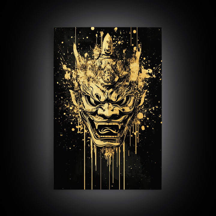 Mythical Demon Splatter Mask, Gold Canvas Print, Bold Wall Art, Real Wood Frame, Fierce Cultural Decor
