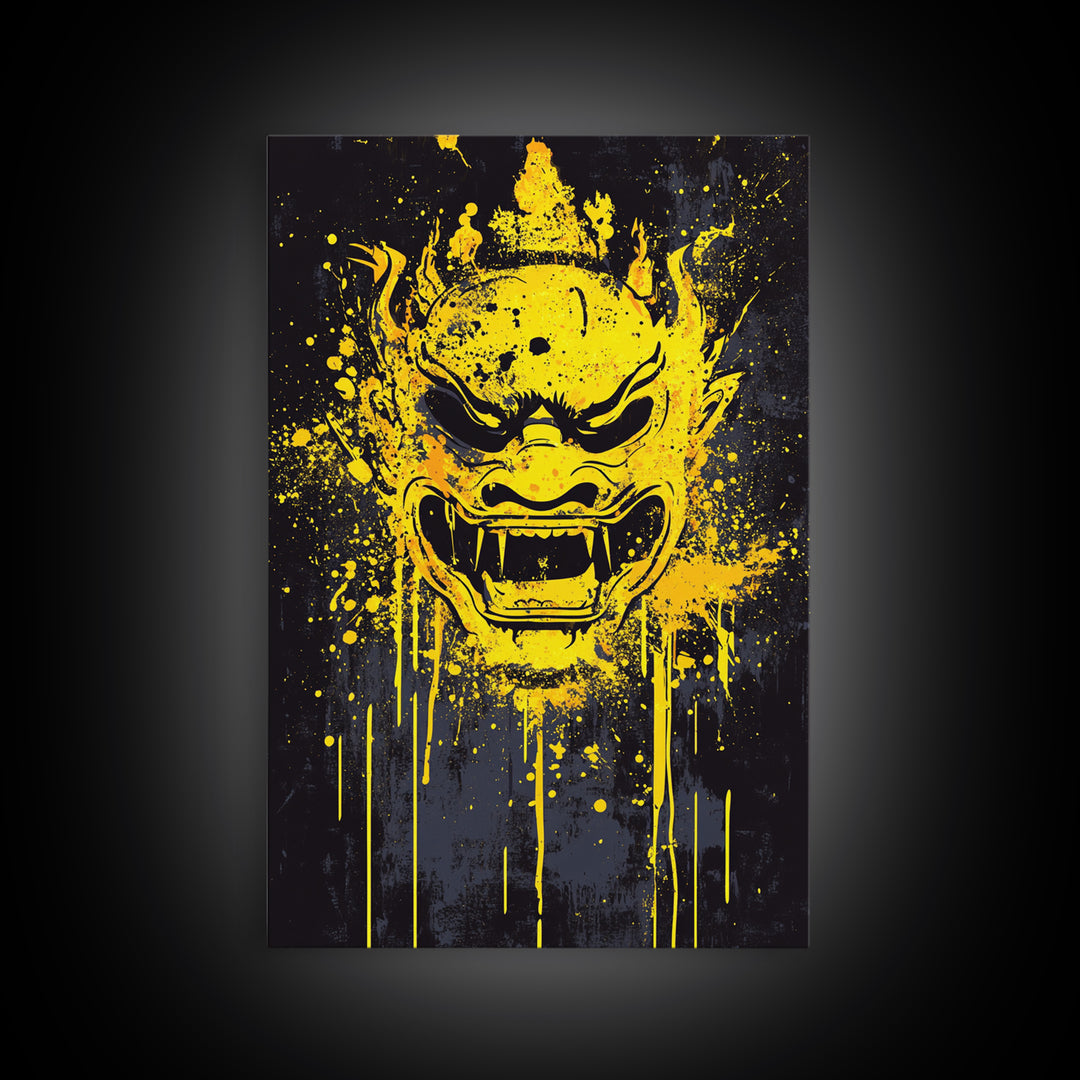Sacred Mask Splatter Art, Gold Canvas Print, Ethnic Spiritual Wall Decor, Real Wood Frame, Mystical Warrior Artwork