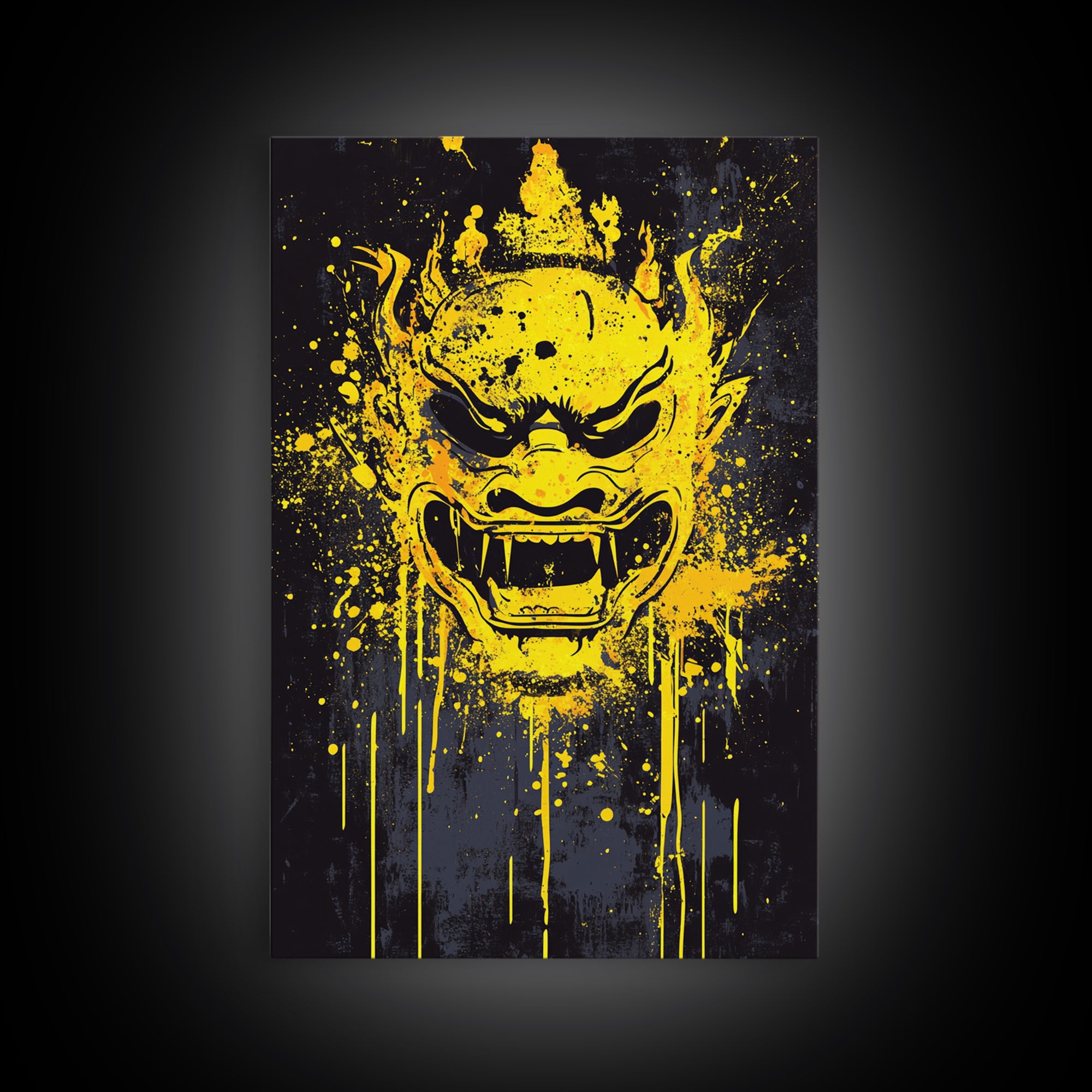 Sacred Mask Splatter Art, Gold Canvas Print, Ethnic Spiritual Wall Decor, Real Wood Frame, Mystical Warrior Artwork