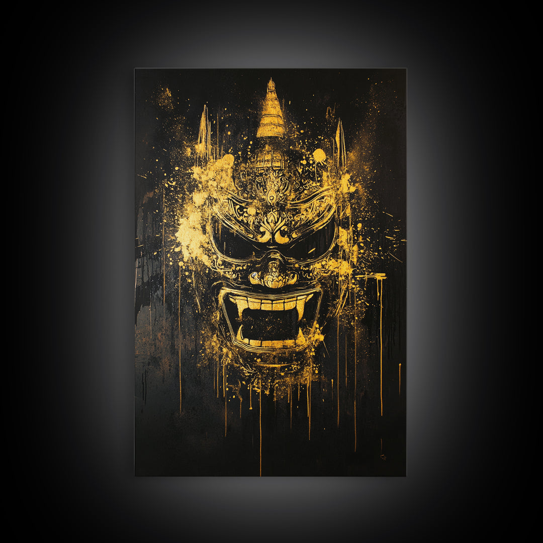 Ornate Splatter Face Mask, Gold Canvas Print, Abstract Cultural Wall Art, Real Wood Frame, Detailed Tribal Artwork