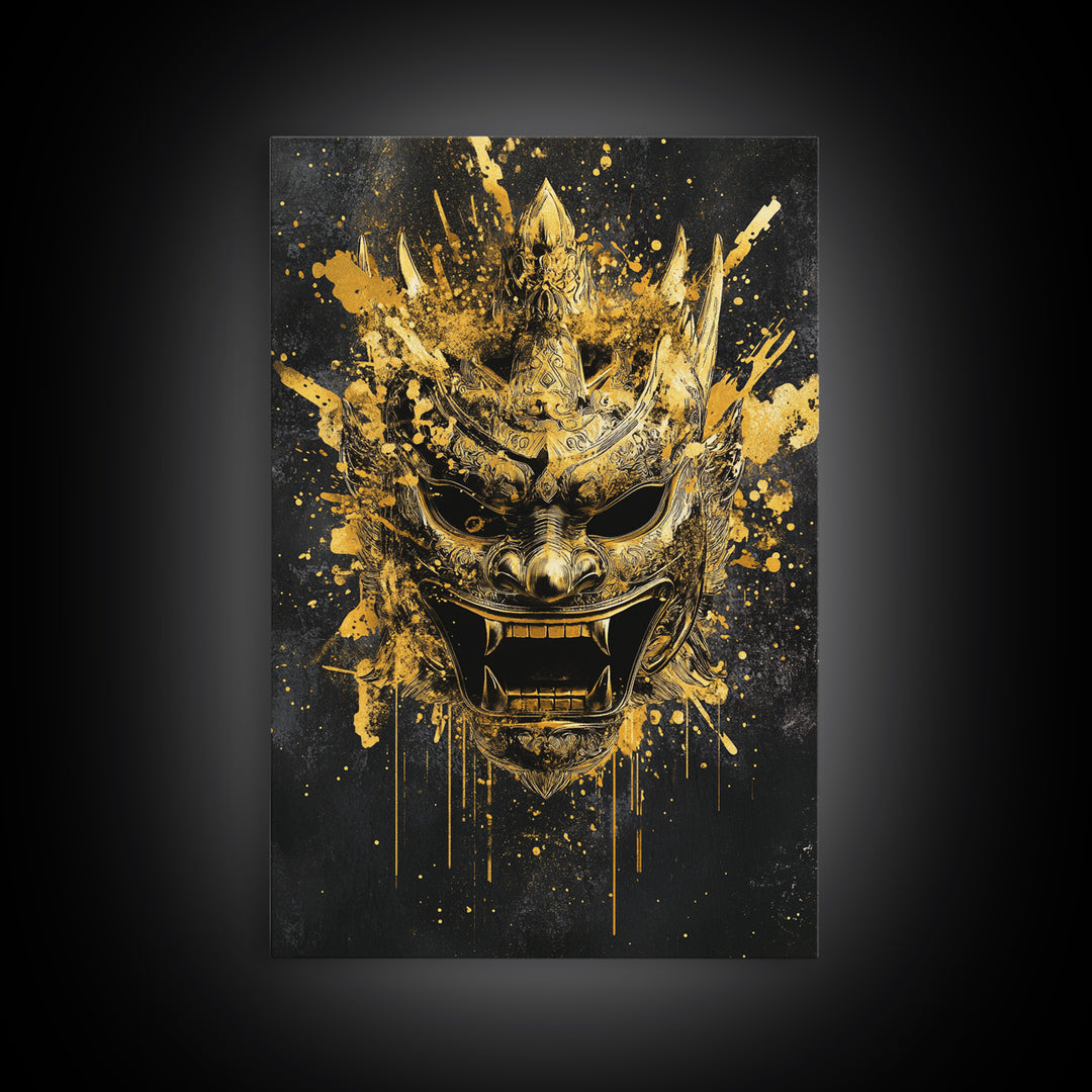 Decorative Tribal Splatter Mask, Gold Canvas Print, Modern Ethnic Wall Decor, Real Wood Frame, Bold Statement Artwork