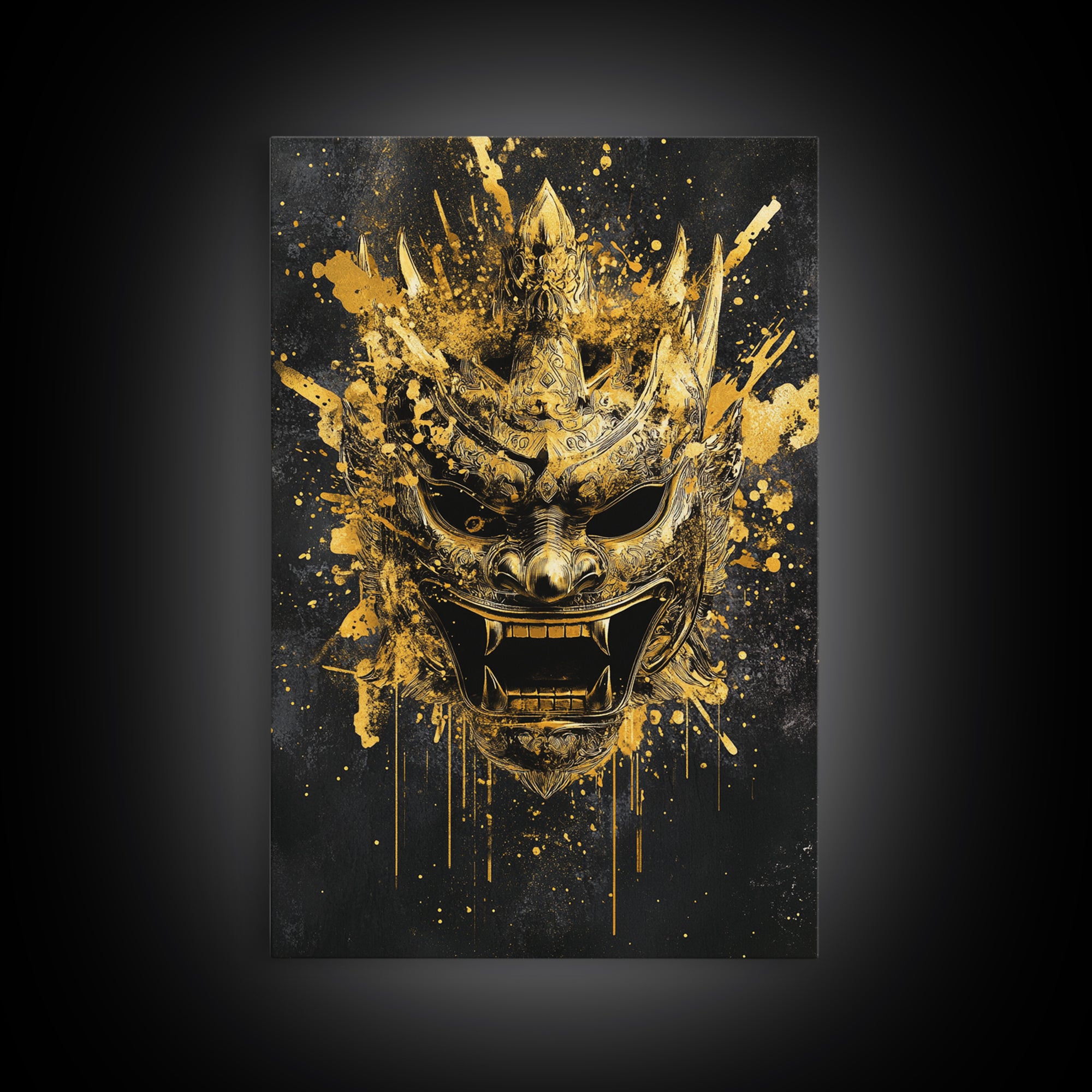 Decorative Tribal Splatter Mask, Gold Canvas Print, Modern Ethnic Wall Decor, Real Wood Frame, Bold Statement Artwork