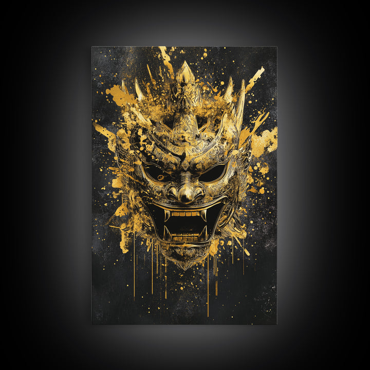 Decorative Tribal Splatter Mask, Gold Canvas Print, Modern Ethnic Wall Decor, Real Wood Frame, Bold Statement Artwork