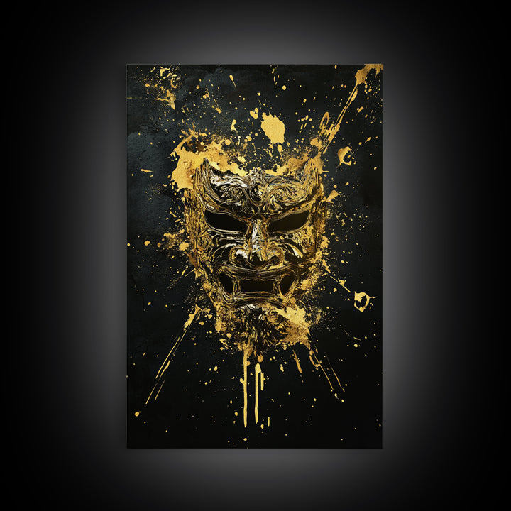 Fierce Demon Mask Gold Canvas Print, Splatter Art Wall Decor, Mythical Wall Art, Real Wood Frame, Tribal Home Accent
