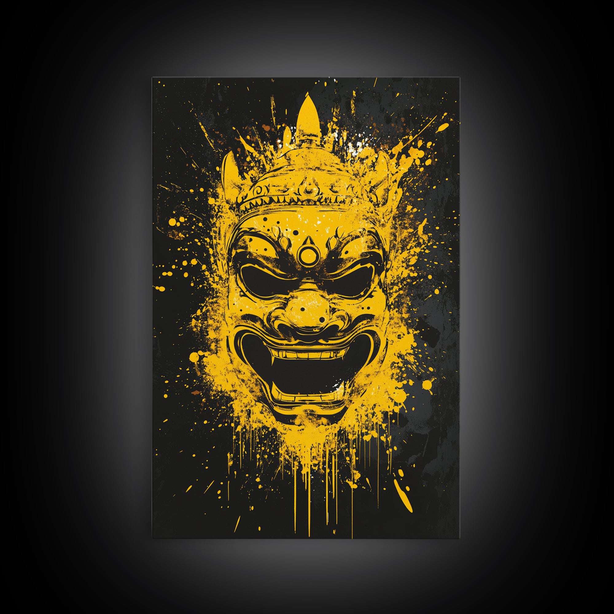 Ancient Warrior Mask Gold Canvas Print, Splatter Style Wall Decor, Bold Wall Art, Real Wood Frame, Mythical Home Accent