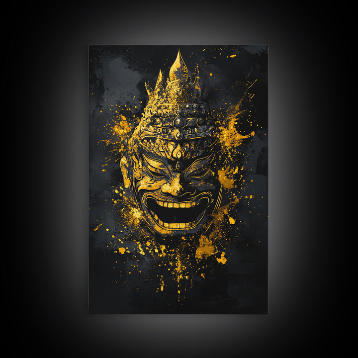Mythical Demon Mask Gold Canvas Print, Splatter Style Wall Decor, Tribal Inspired Wall Art, Real Wood Frame, Bold Home Accent