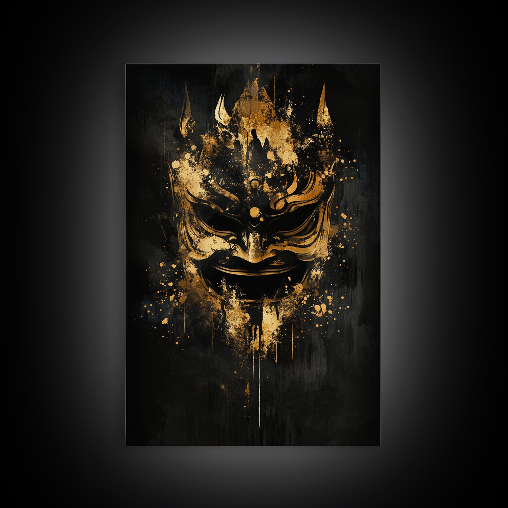 Vibrant Demon Face Gold Canvas Print, Splatter Art Wall Decor, Tribal Mythical Mask, Real Wood Frame, Bold Home Accent