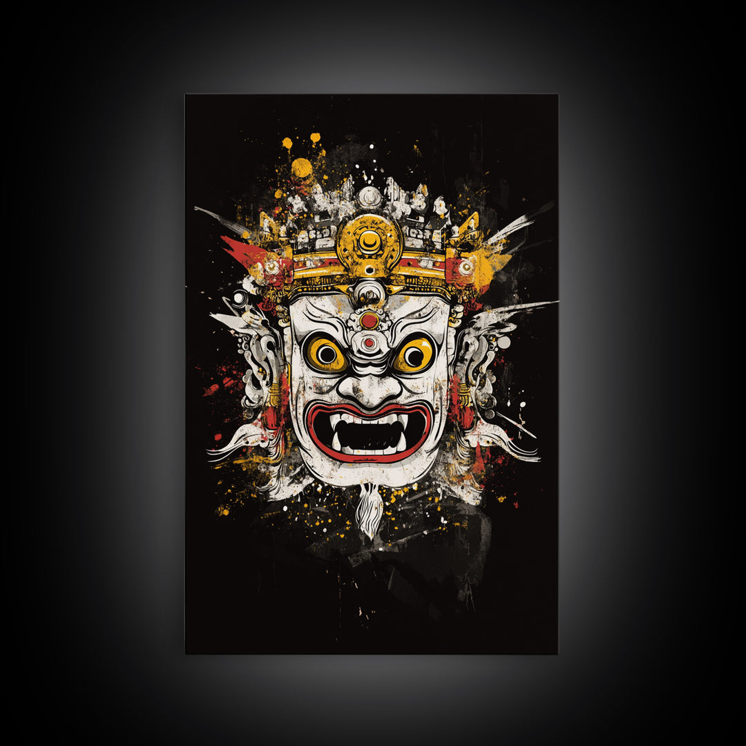 Balinese Mask Gold Canvas Print, Splatter Art Wall Decor, Mythical Cultural Wall Art, Real Wood Frame, Tribal Home Accent