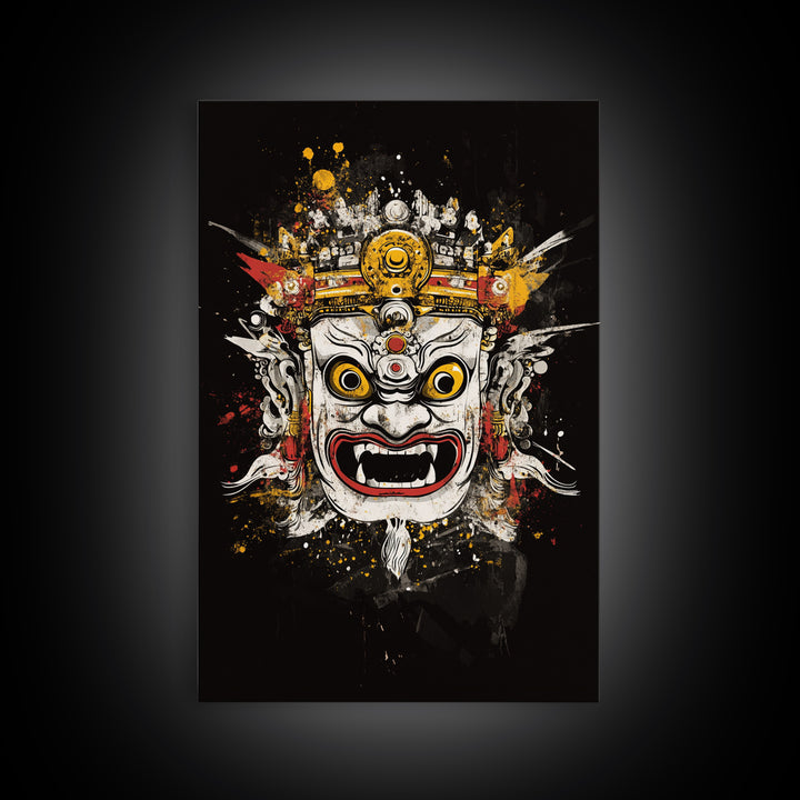 Balinese Mask Gold Canvas Print, Splatter Art Wall Decor, Mythical Cultural Wall Art, Real Wood Frame, Tribal Home Accent