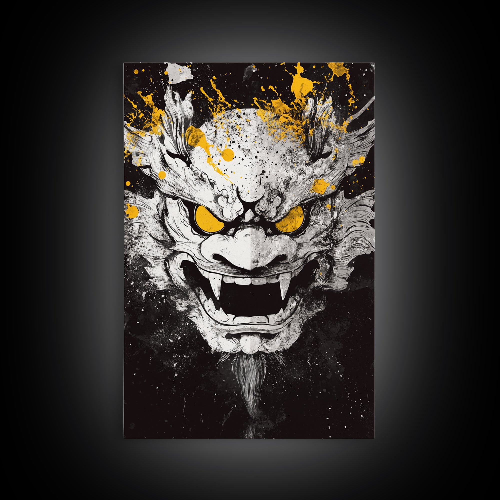 Dragon Demon Face Gold Canvas Print, Splatter Style Wall Decor, Fierce Mythical Mask Art, Real Wood Frame, Tribal Home Accent