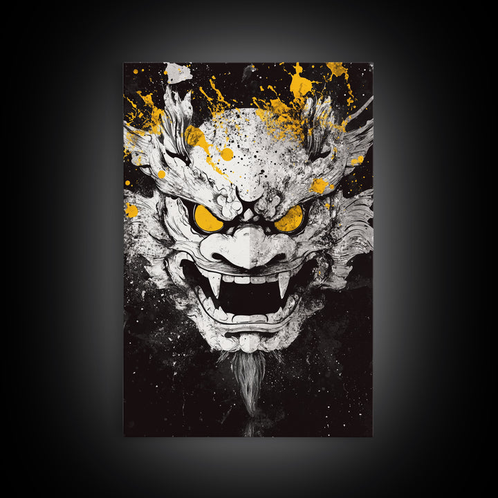 Dragon Demon Face Gold Canvas Print, Splatter Style Wall Decor, Fierce Mythical Mask Art, Real Wood Frame, Tribal Home Accent