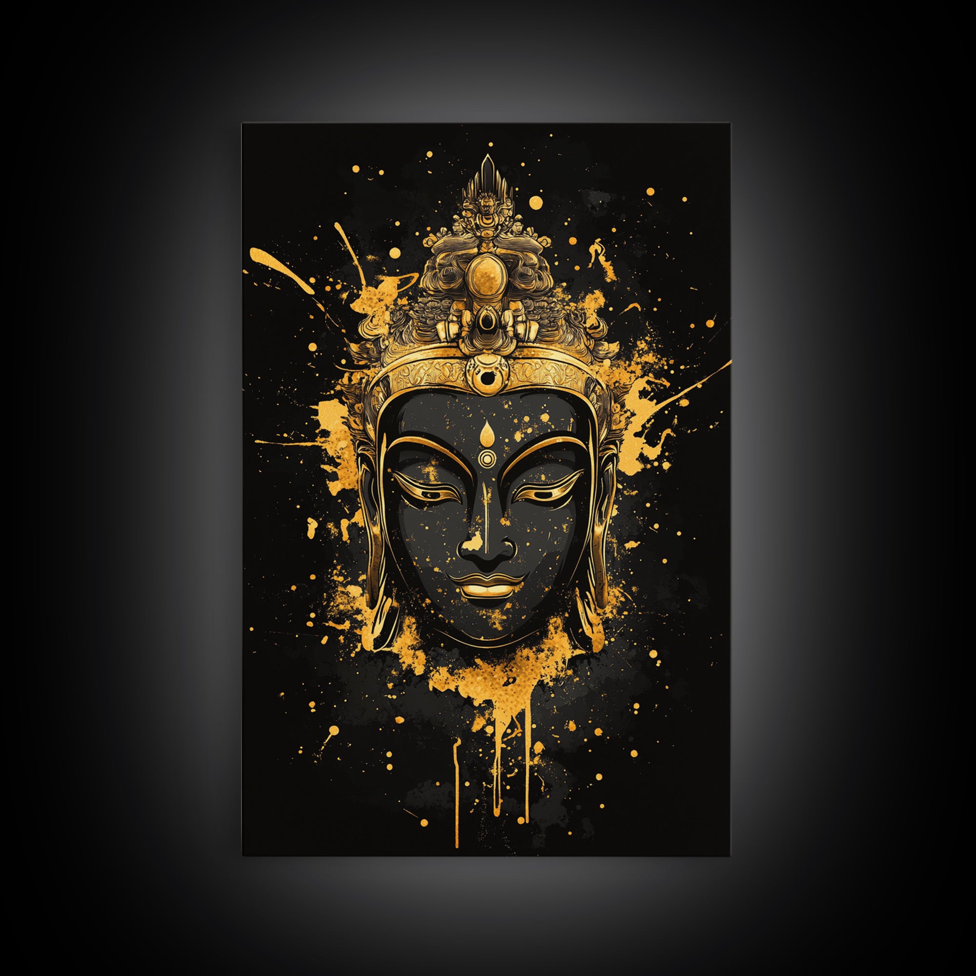 Buddha Head Gold Canvas Print, Sacred Splatter Style Wall Decor, Spiritual Wall Art, Real Wood Frame, Tranquil Home Accent