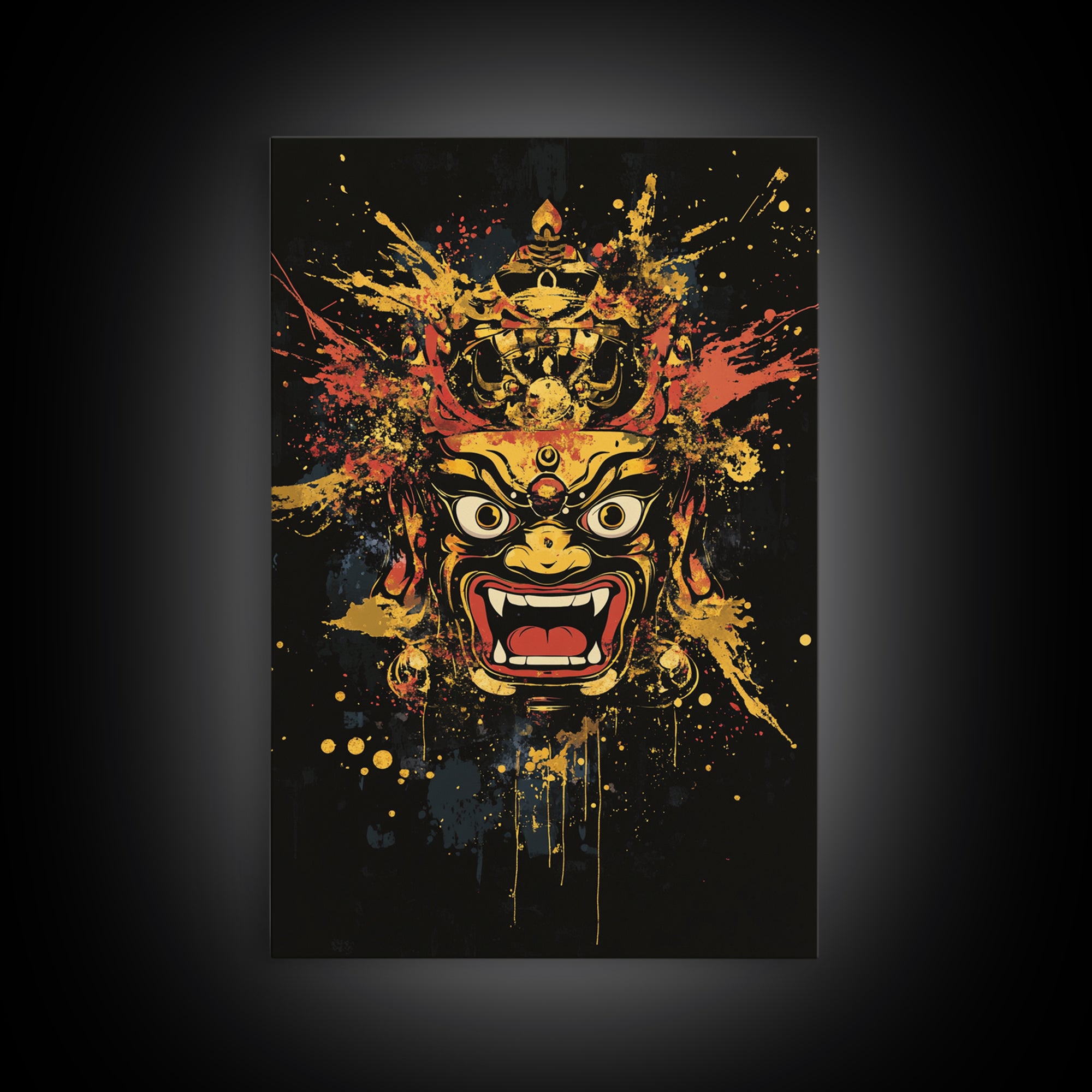 Fierce Mask Gold Canvas Print, Splatter Art Wall Decor, Bold Tribal Mythical Face Art, Real Wood Frame, Statement Home Accent