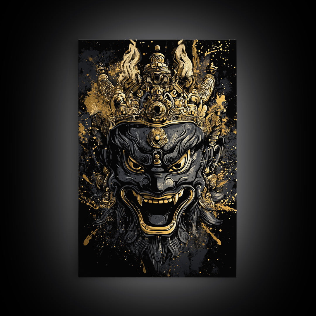 Intricate Demon Mask Gold Canvas Print, Splatter Style Wall Decor, Fierce Mythical Face Art, Real Wood Frame, Tribal Accent