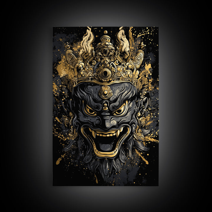 Intricate Demon Mask Gold Canvas Print, Splatter Style Wall Decor, Fierce Mythical Face Art, Real Wood Frame, Tribal Accent