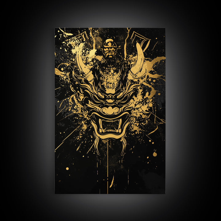 Samurai Demon Mask Gold Canvas Print, Splatter Style Wall Decor, Warrior Inspired Wall Art, Real Wood Frame, Tribal Home Accent